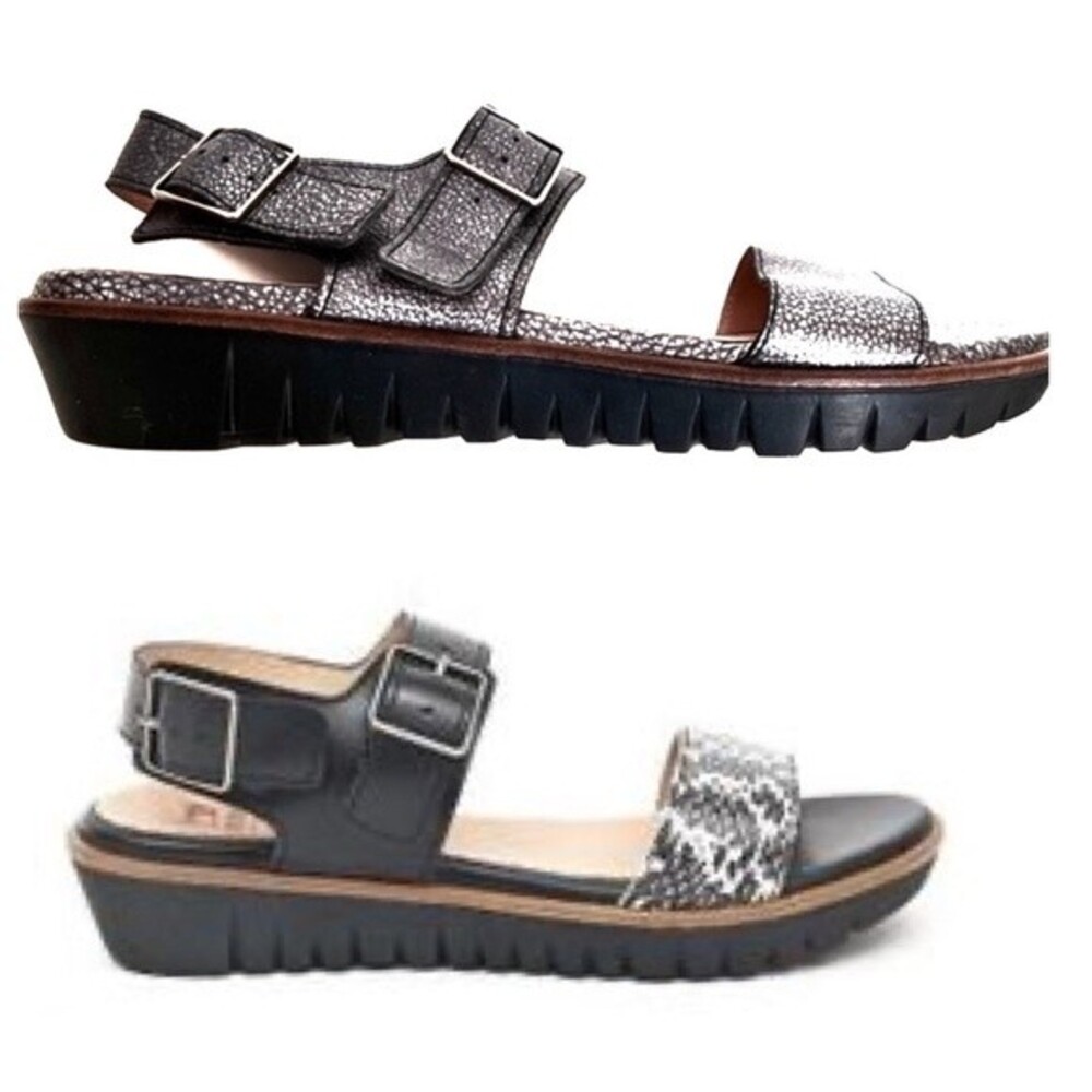 Wonders Dual Buckle Scrappy Platform Leather Sandals in Metallic Grey 42 NWOB